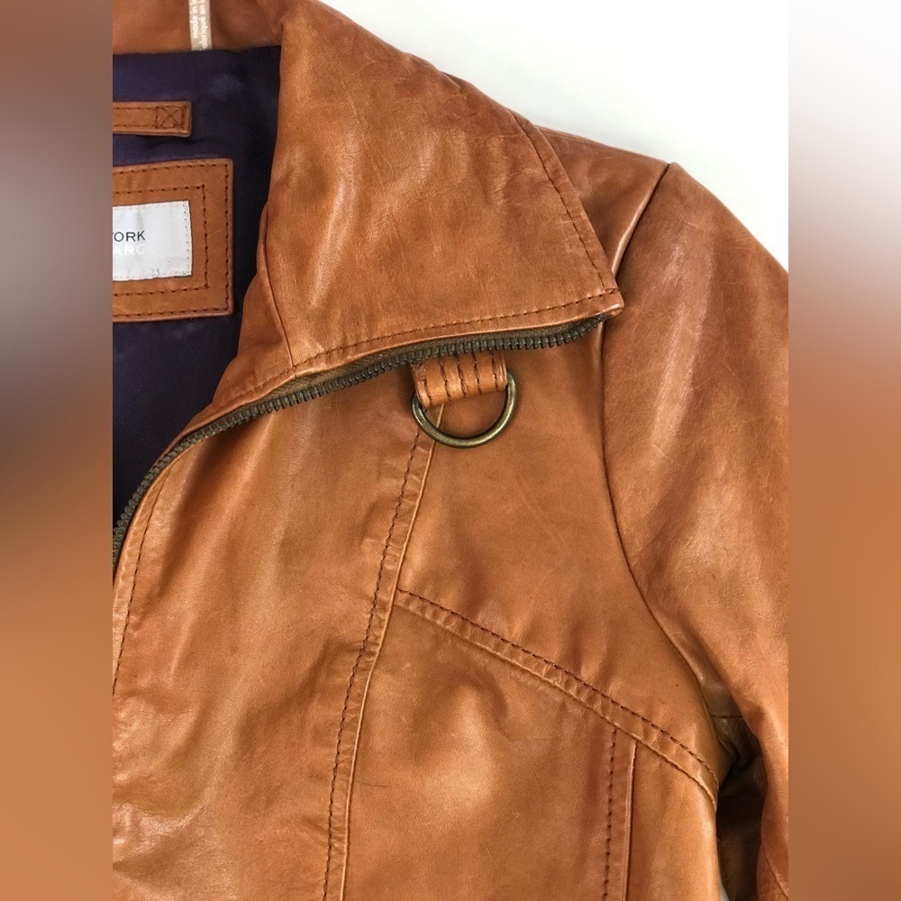 ANDREW MARC XS Caramel Brown British Cafe Racer Leather Moto Jacket Size XS - Picture 4 of 16